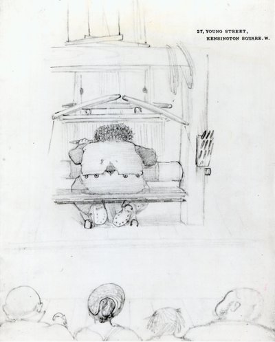 William Morris em seu tear, caricatura (bw print) de Edward Burne-Jones